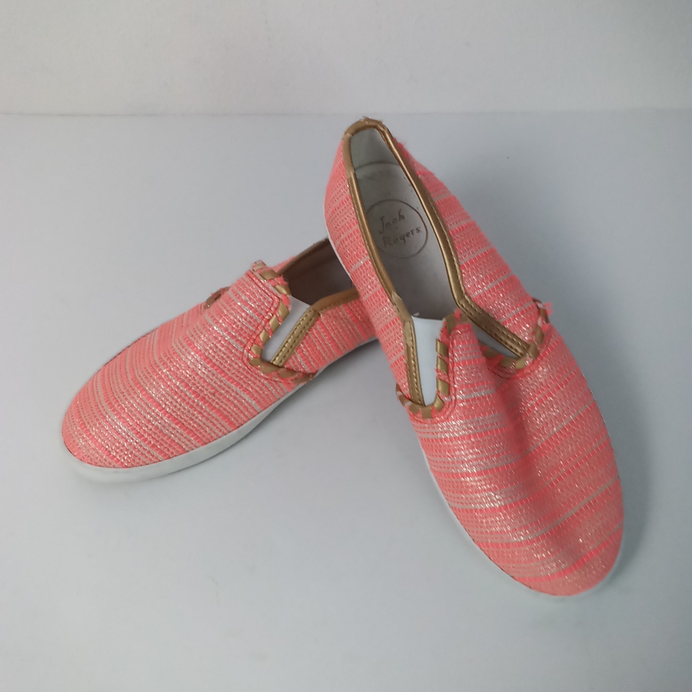 Jack Rogers Baldwin Slip-On Shoes Coral Canvas Gold Leather Whipstich Size 7